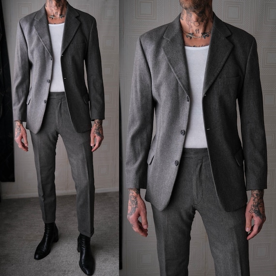 DKNY, Vintage 90s DKNY Italian Heather Gray Cashmere Flannel Three Button Mod Styled Suit | Size 40 | 1990s DONNA KARAN New York Designer Suit