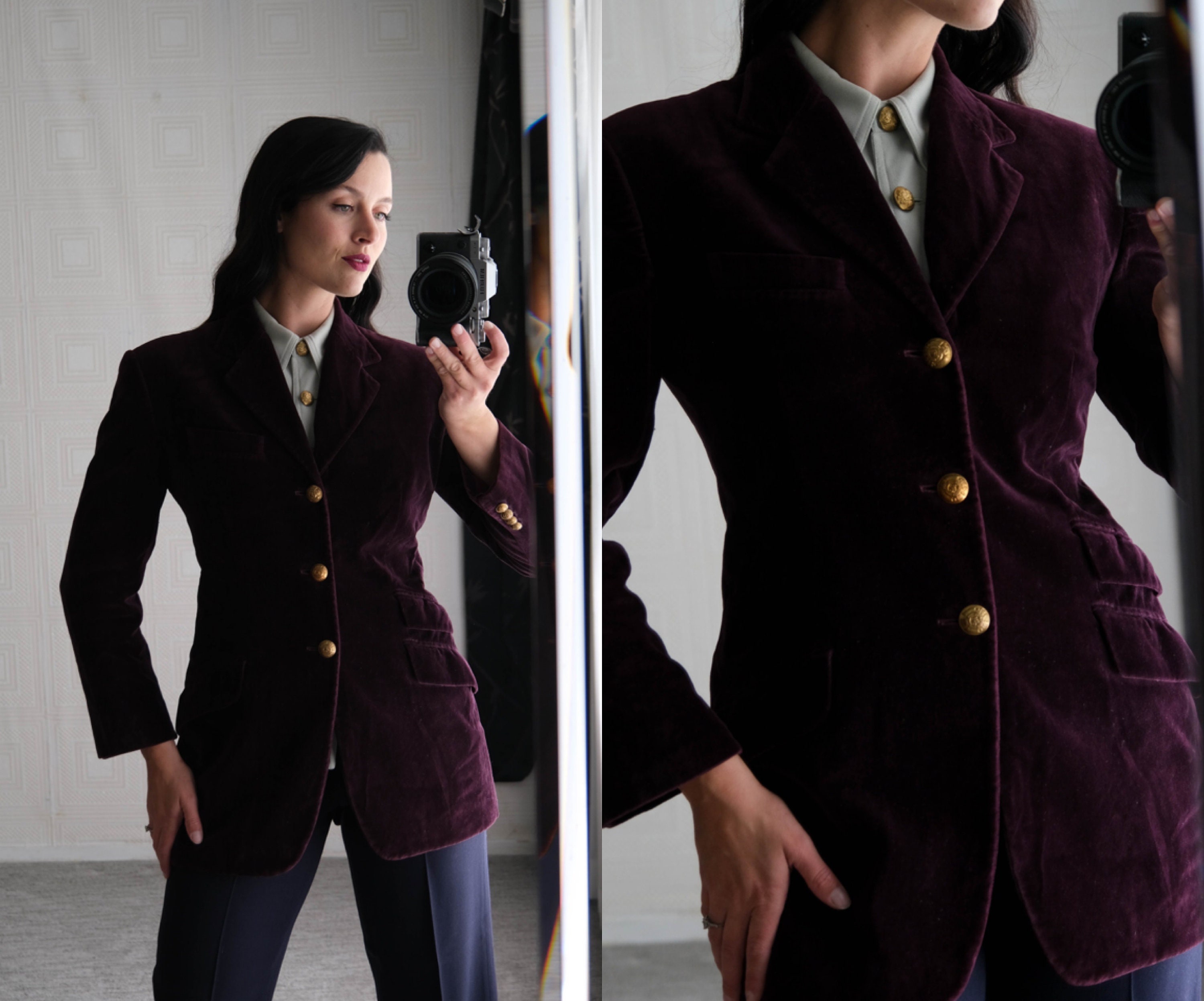 Vintage 90s Ralph Lauren Collection Purple Label Deep Merlot Velvet Blazer w/ Gold Crest Buttons | Made in USA | 1990s RL Designer Blazer