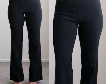 Vintage 90s JEAN PAUL GAULTIER Femme Black Crepe Gabardine Minimalist Mid Rise Flare Leg Pants | Made in Italy | 1990s Designer Womens Pants