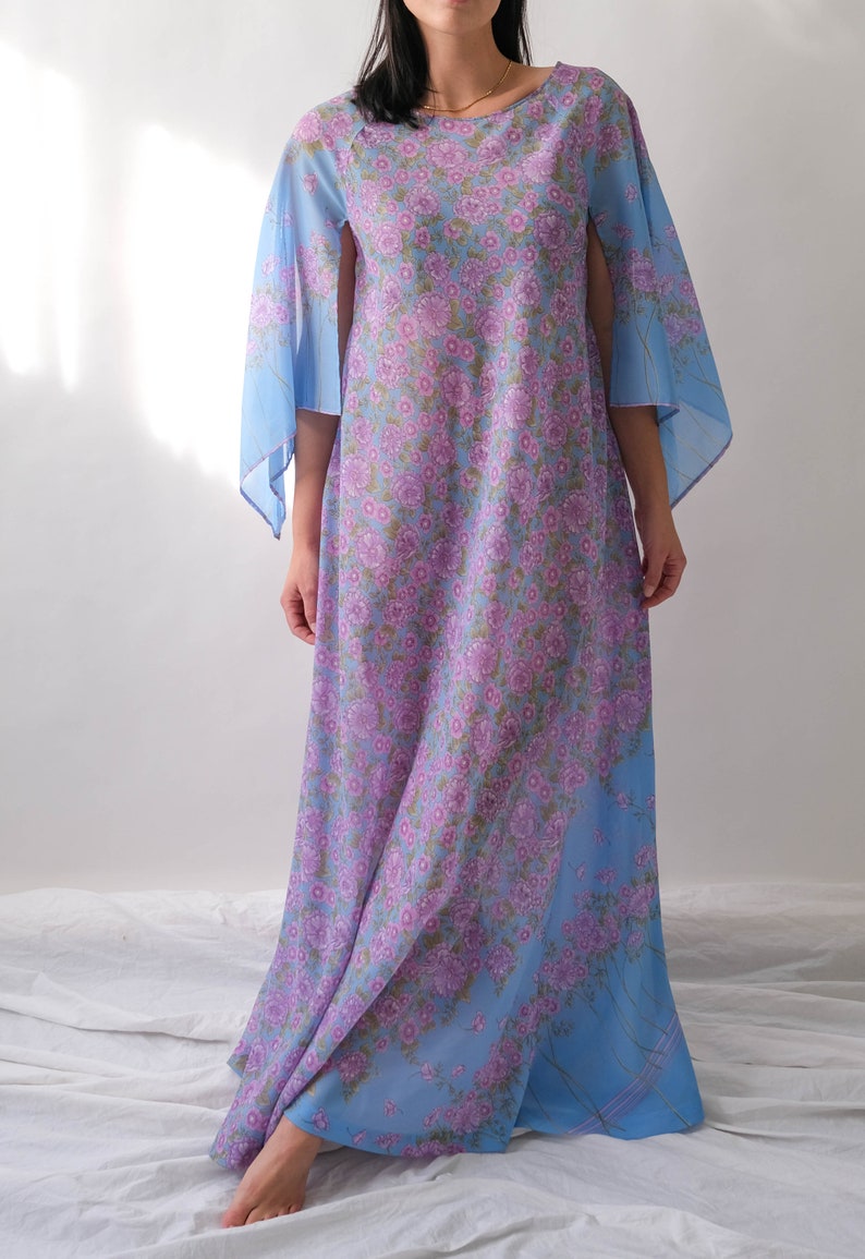 Vintage 70s Saks Fifth Ave. Sky Blue Lilac Floral Print Maxi Dress w/ Hand Rolled Fairy Sleeves Made in Italy 1970s Designer Boho Dress image 3