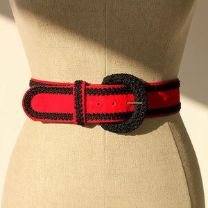 Vintage 80s 90s Red Velvet Belt with Black Braided Trim Western, Prairie, Bohemian, Boho 1980s 1990s Designer Velvet Waist Belt image 1