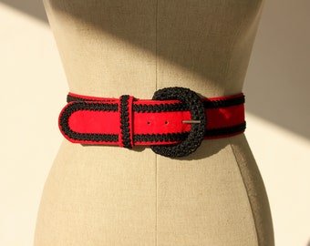 Vintage 80s 90s Red Velvet Belt with Black Braided Trim | Western, Prairie, Bohemian, Boho | 1980s 1990s Designer Velvet Waist Belt