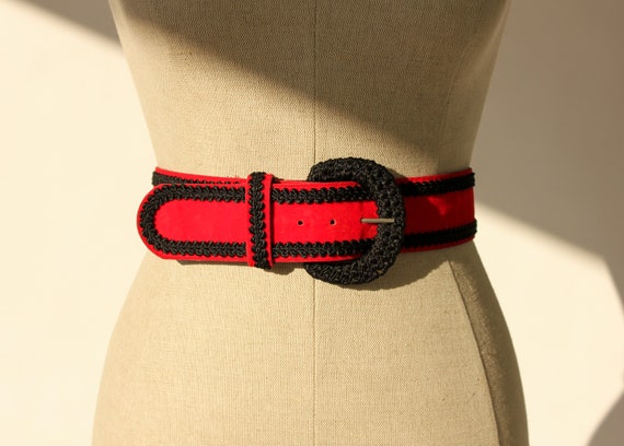 Vintage 80s 90s Red Velvet Belt with Black Braide… - image 1