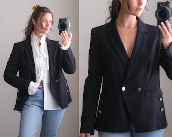 Vintage 90s ESCADA Black Rayon Blend Double Breasted Relaxed Fit Blazer w/ Notched Lapel | Made in Bulgaria | 1990s ESCADA Designer Jacket