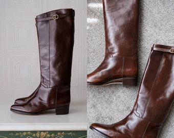 Vintage 80s ALAN AUSTIN Chocolate marrón cuero becerro hebilla botas de montar sin usar con etiqueta / Hecho en Italia / Tamaño 8 B / Botas de diseñador de la década de 1980