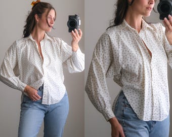Vintage 80s NORMA KAMALI Black & White Polkadot Print Dolman Sleeve Cotton Button Front Shirt Blouse | Made in USA | 1980s Designer Top