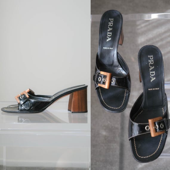 Vintage 90s PRADA 1996 Slip On Wooden Block Heel Nero Vernice Leather Slingback Sandals w/ Box & Dust Bags | Size 39 | 1990s Designer Shoe