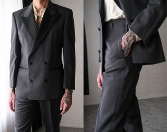 Vintage 80s BYBLOS Charcoal Double Breasted Smoking Suit w/ Black Satin Embroidered Lapel | Made in Italy | UNWORN NWT | 1980s Designer Tux