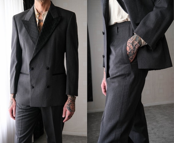 Byblos, Vintage 80s BYBLOS Charcoal Double Breasted Smoking Suit w/ Black Satin Embroidered Lapel | Made in Italy | UNWORN NWT | 1980s Designer Tux