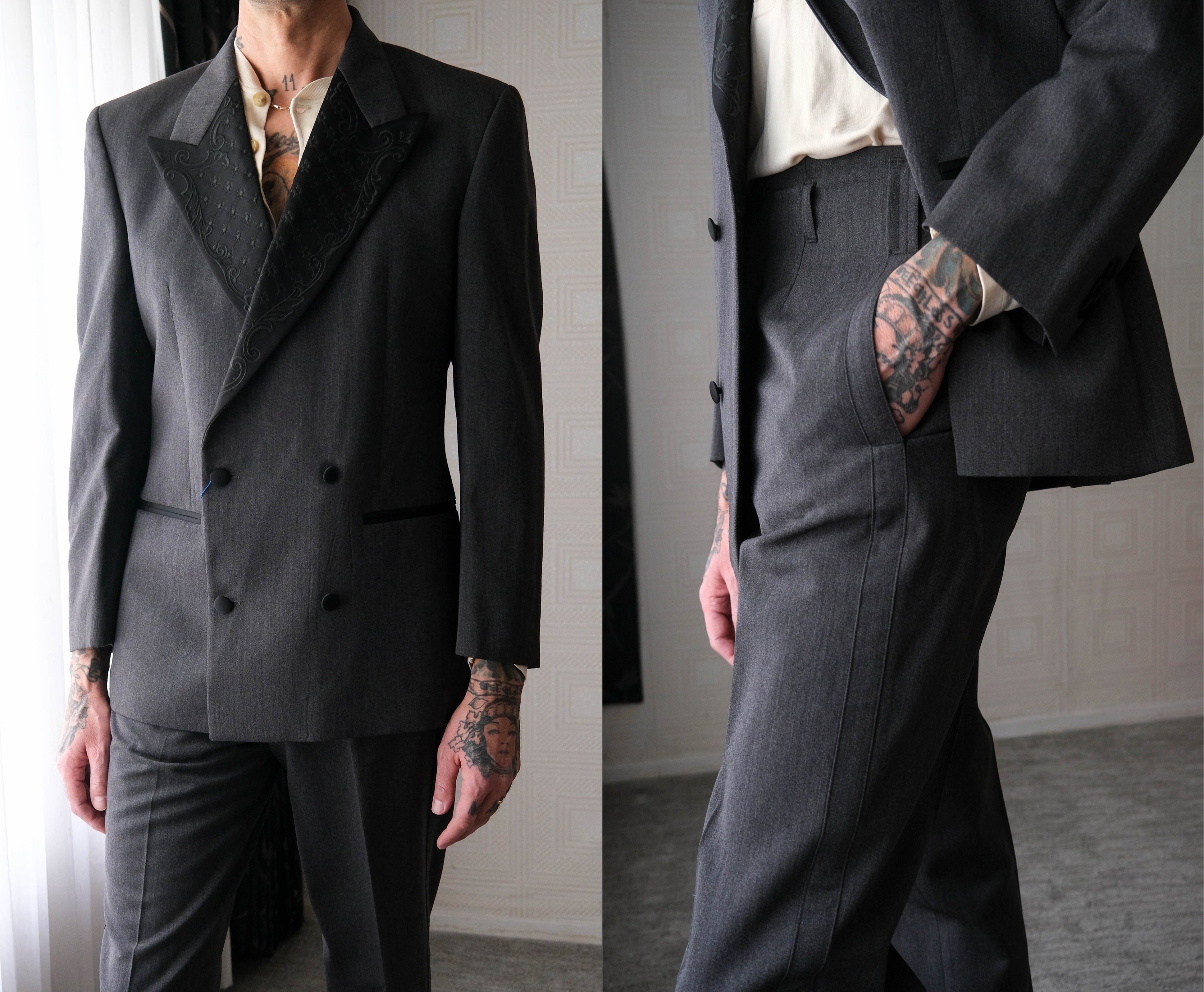 Vintage 80s BYBLOS Charcoal Double Breasted Smoking Suit W/ Black