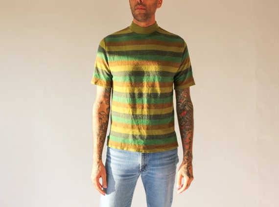 Vintage 60s Green Earthtone Striped Mock Neck Tee