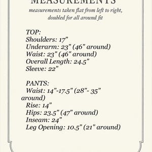 May include: Measurements chart for a top and pants set. The top's shoulder width is 17 inches, underarm is 23 inches (46 inches around), waist is 23 inches (46 inches around), overall length is 24.5 inches, and sleeve length is 22 inches. The pants' waist is 14-17.5 inches (28-35 inches around), rise is 14 inches, hips are 23.5 inches (47 inches around), inseam is 24 inches, and leg opening is 10.5 inches (21 inches around).