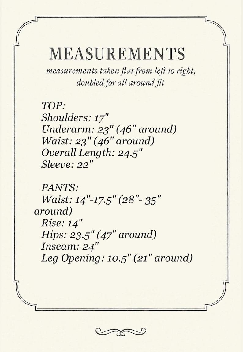 May include: Measurements chart for a top and pants set. The top's shoulder width is 17 inches, underarm is 23 inches (46 inches around), waist is 23 inches (46 inches around), overall length is 24.5 inches, and sleeve length is 22 inches. The pants' waist is 14-17.5 inches (28-35 inches around), rise is 14 inches, hips are 23.5 inches (47 inches around), inseam is 24 inches, and leg opening is 10.5 inches (21 inches around).