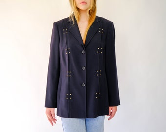 Vintage Mondi Navy Blue Triple Button Blazer w/ Brass Rivet Studs & Etched Logo Buttons | UNWORN DEADSTOCK NWT | 1990s 2000s Designer Jacket