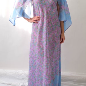 Vintage 70s Saks Fifth Ave. Sky Blue Lilac Floral Print Maxi Dress w/ Hand Rolled Fairy Sleeves Made in Italy 1970s Designer Boho Dress image 5