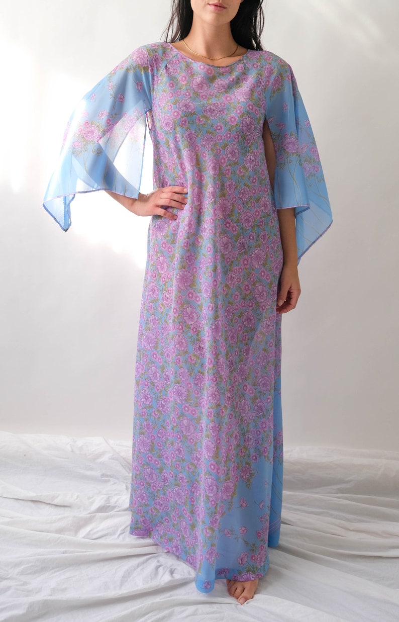 Vintage 70s Saks Fifth Ave. Sky Blue Lilac Floral Print Maxi Dress w/ Hand Rolled Fairy Sleeves Made in Italy 1970s Designer Boho Dress image 5