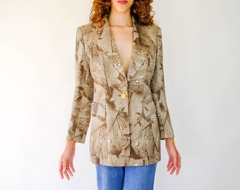 Vintage 90s Escada Quilted Taupe Green Rain Leaf Print Silk Power Blazer w/ Gold Nautilus Buttons | Made in Germany | 1990s Designer Jacket