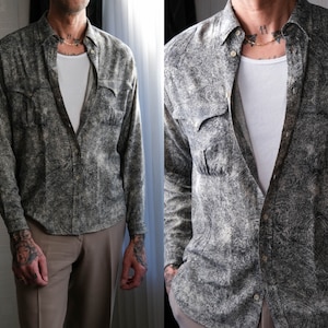 Vintage 90s Giorgio Armani Le Collezioni Black & Taupe Paisley Gabardine Shirt | Made in Italy | Wool/Rayon | 1990s Armani Designer Shirt