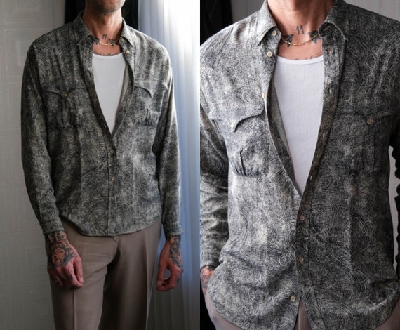 Armani Collezioni, Vintage 90s Giorgio Armani Le Collezioni Black & Taupe Paisley Gabardine Shirt | Made in Italy | Wool/Rayon | 1990s Armani Designer Shirt