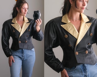 Vintage 80s Giovinezza Moda Calfskin Leather & Metallic Notched Lapel Double Breasted Bold Shoulder Jacket | 1980s Italian Designer Leather