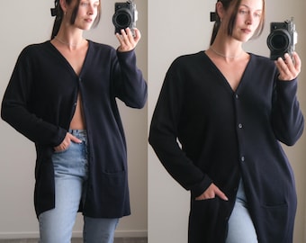 Vintage 90s DKNY Donna Karan Black Wool Longline Knit Button Front Cardigan | Knit in USA | 1990s DKNY Designer Sweater Jacket