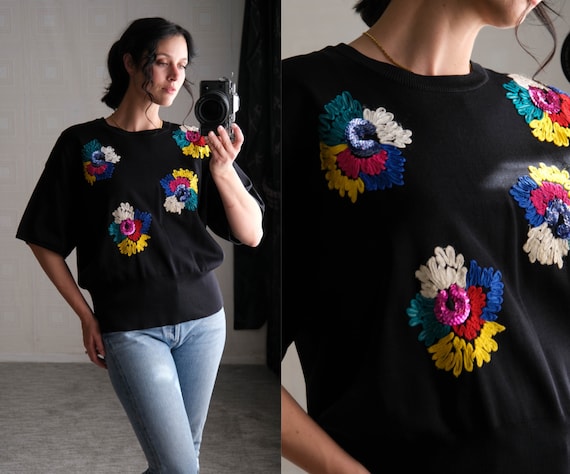 Escada, Vintage 80s ESCADA Black Short Sleeve Cotton Sweater Top w/ Vibrate Soutache Sequin Flowers | Made in W. Germany | 1980s Designer Knit Shirt