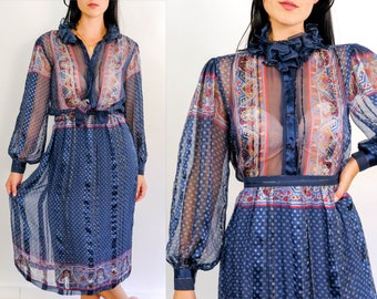 Vintage 70s THE SILK FARM Dusty Blue Silk w/ Gold Stripe Paisley Print Ruffled Collar Blouse Skirt Set | 100% Silk | 1970s Designer Boho Set