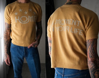 Vintage 70s HOME 5 Star A Moment In Your Life Honey Yellow Short Sleeve Crewneck Sweatshirt | John Lennon | 1970s HOME Gym Rat Sweatshirt
