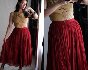 Vintage 70s Italian Scarlet Red Pleated High Waisted Peasant Skirt w/ Triangle Floral Hemline | Made in Italy | 1970s Designer Boho Skirt