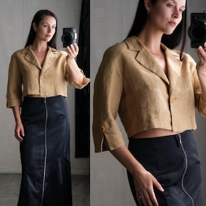 Vintage 90-tals ANDREA JOVINE Guldfärgad Linnekimono med Slitsad Manschett Ostrukturerad Bolero med Stora Knappar | 1990-tals Y2K Designer Minimalistisk Kavaj