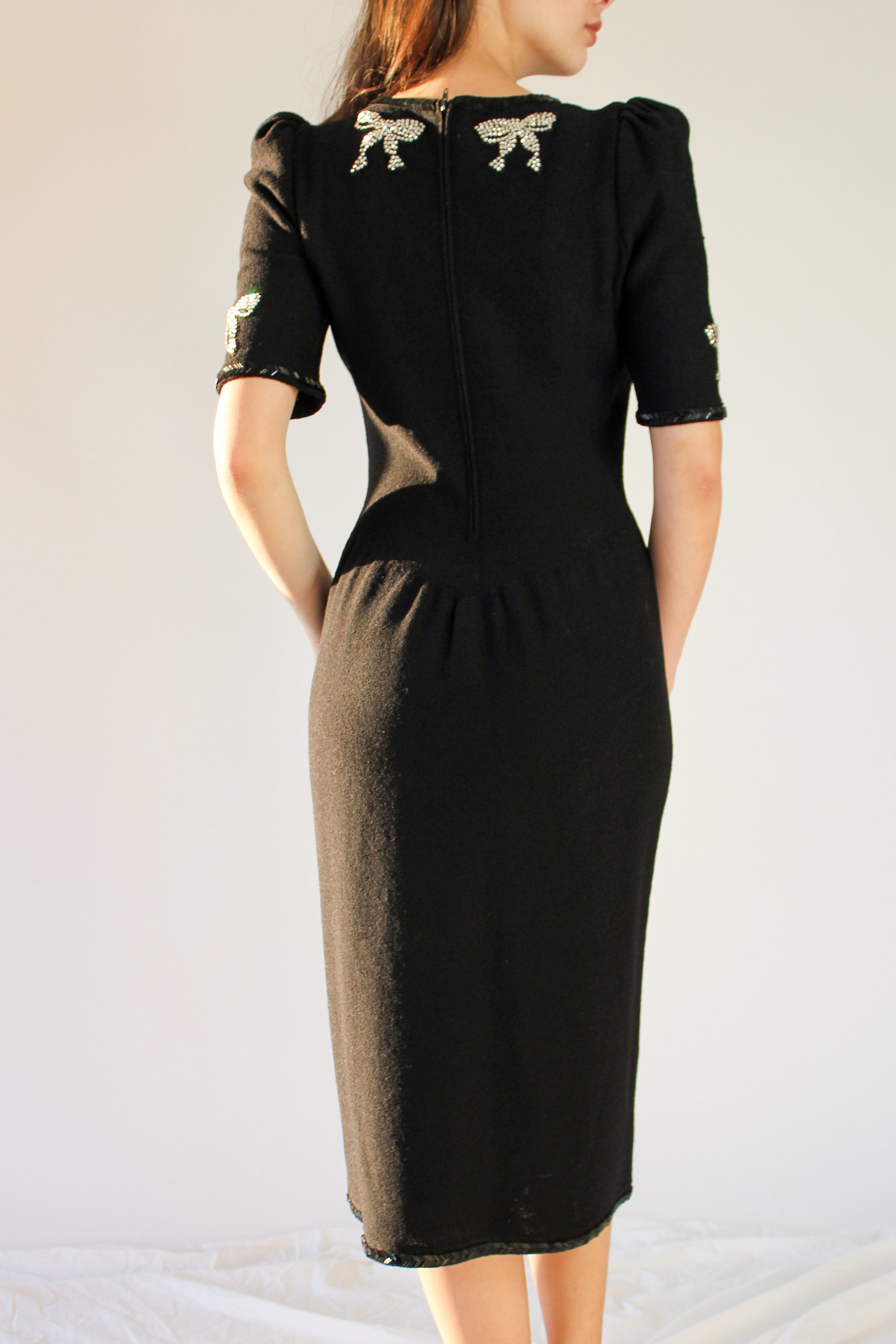 Vintage 60s Adolfo Saks Fifth Avenue Crystal Bow Applique & Beaded Evening Dress | Cocktail 