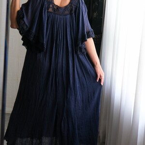 Vintage 70s Navy Blue Gauze Cotton Maxi Fairy Sleeve Peasant Dress w/ Macrame Trim 100% Gauze Cotton 1970s Bohemian Summer Day Dress image 8