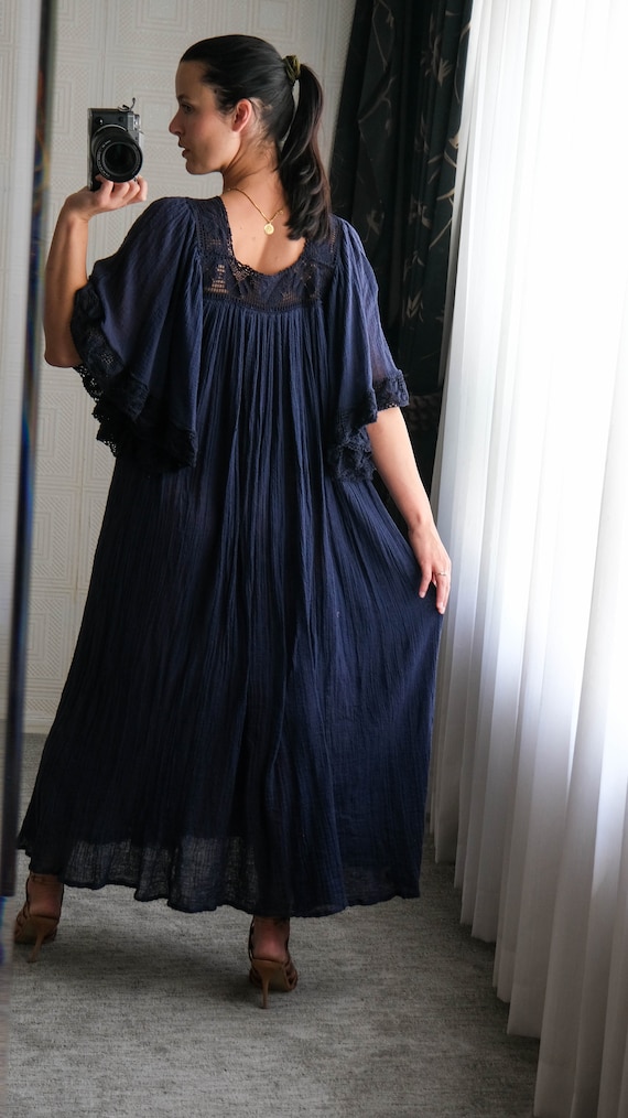 Vintage 70s Navy Blue Gauze Cotton Maxi Fairy Sle… - image 8