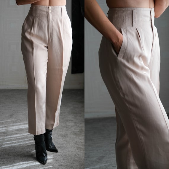 Krizia, Vintage 80s MOODS by KRIZIA Light Beige Gabardine Pleated High Waisted Tapered Leg Pants | 100% Rayon | 1980s KRIZIA Designer Pleated Slacks