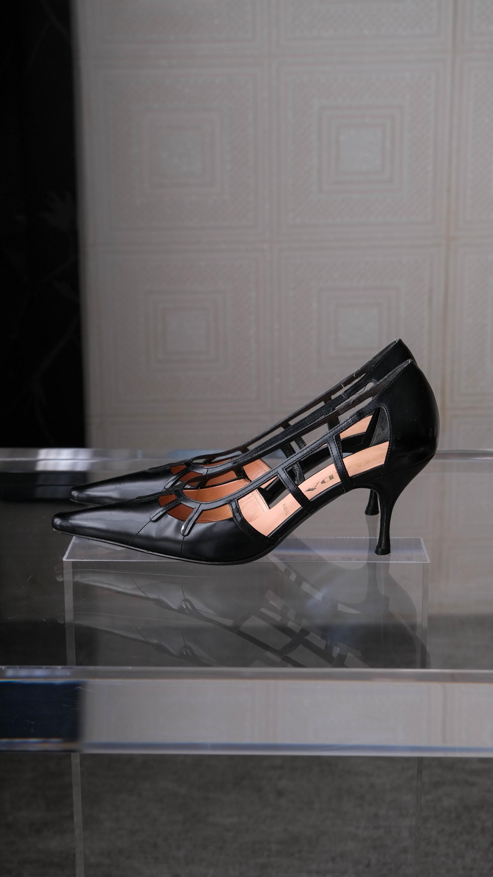 PRADA Black Leather Windowpane Square Pointed Toe Heels | Made in
