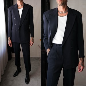 Vintage 90s HUGO BOSS Zeus Navy Blue Texture Striped Crepe Gabardine Double Breasted Suit | 1980s 1990s German Designer Mens Power Suit