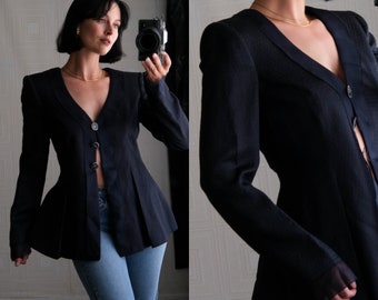 GIORGIO ARMANI Navy Honeycomb Damask Silk Peplum Swing Jacket w/ Mosaic Buttons | Made in Italy | Y2K 2000s ARMANI Designer Womens Jacket