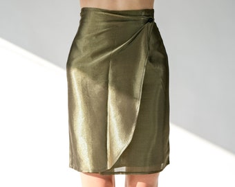 Vintage 80s Giorgio Armani Shimmering Gold Silk Blend High Waisted Skirt w/ Jewel Button Wrap | Made in Italy | 1980s Armani Designer Skirt