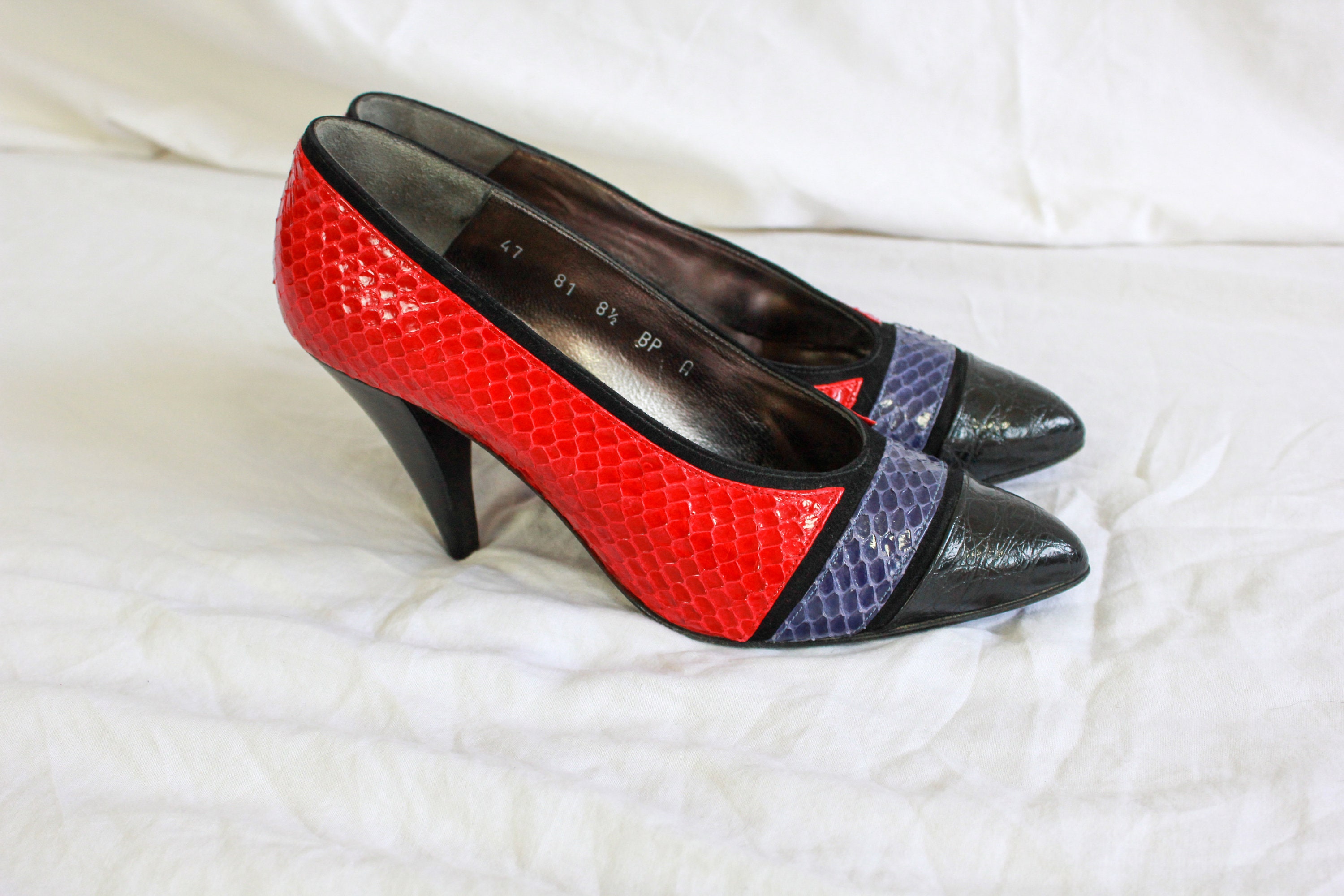 snakeskin block heels
