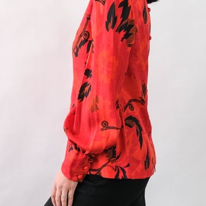 Vintage 70s Irene Thai Silk Ruby Red Floral Print Blouse w/ Pleated Poof Sleeves Made in Thailand 100% Silk 1970s Designer Asian Top image 5