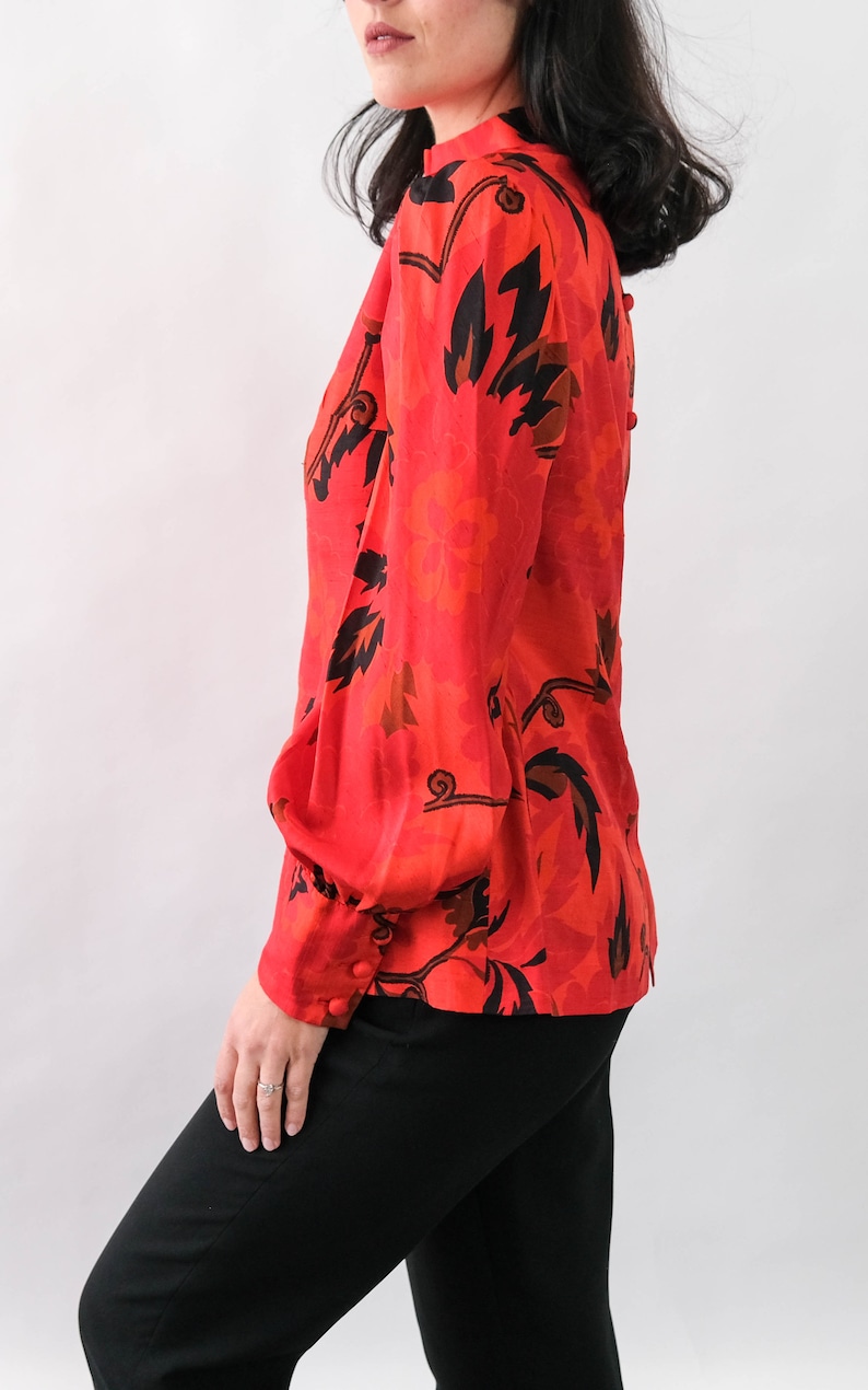 Vintage 70s Irene Thai Silk Ruby Red Floral Print Blouse w/ Pleated Poof Sleeves Made in Thailand 100% Silk 1970s Designer Asian Top image 5