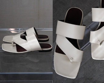 STAUD Leather Sandals Fly Flat Goat Leather Slip On Shoes | Made in Portugal | Size EU 35 US 5 | Designer Genuine Leather Strap Sandals