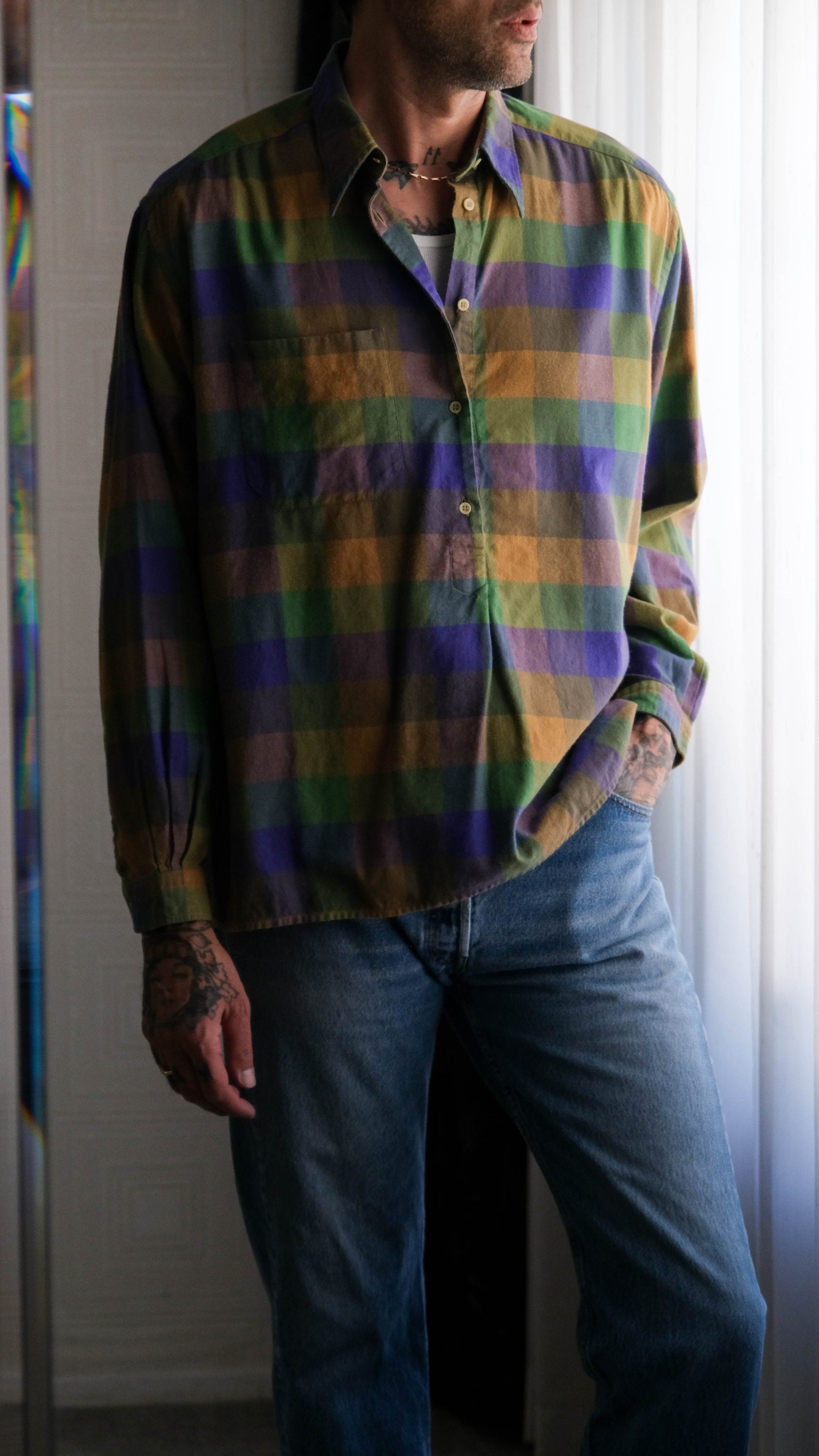 トップス 80s Giorgio Armani stripe shirt Italy Vintage 80s Giorgio Armani Le Collezioni Greens & Purple Buffalo