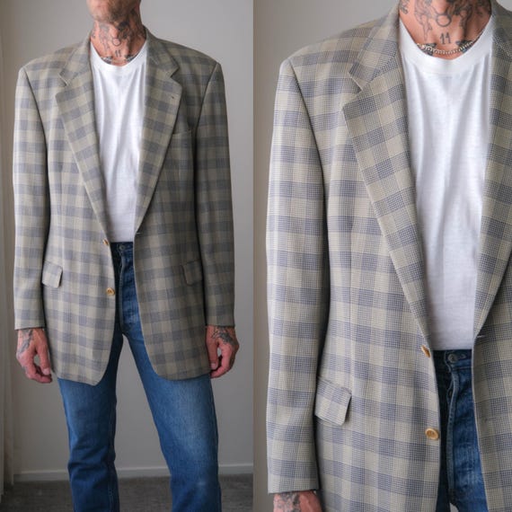 Hugo Boss, Vintage 80s HUGO BOSS Corleone Indigo & Light Sage Plaid Crepe Wool 2 Button Blazer | Made in USA | Size 44 | 1980s Designer Mens Jacket