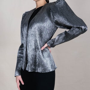 Vintage 80s Krizia Gun Metal Silver Fortuny Pleated Poof Shoulder Blouse Jacket Made in Italy 1980s Designer Avant Garde Shirt Blazer image 3