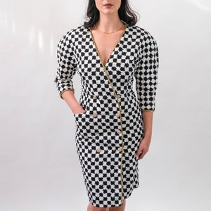 Vintage 80s LILLIE RUBIN Black & White Houndstooth Double Breasted Power Dress w/ Rhinestone Studs Made in USA 1980s Designer Chic Dress image 7