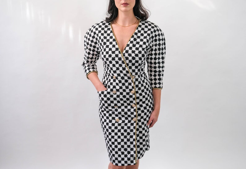 Vintage 80s LILLIE RUBIN Black & White Houndstooth Double Breasted Power Dress w/ Rhinestone Studs Made in USA 1980s Designer Chic Dress image 7