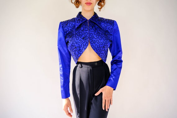 Vintage 80s Norma Kamali Couture Sapphire Blue Si… - image 5