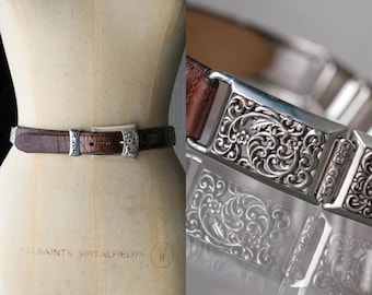 Vintage 90s Brighton Brown Leather Embossed Belt w/ Silver Scrolling Floral Filigree Engravings | 26"-29" | Made in USA | Western Belt