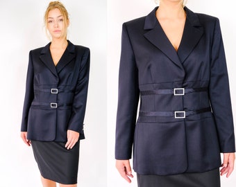 Vintage 90s ESCADA Black Mohair Wool Skirt Suit w/ Rhinestone Double Buckle Waist | Made in Germany | 1990s ESCADA Designer Power Skirt Suit